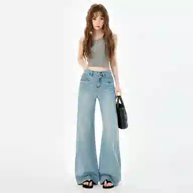淑好百 高弹怀旧蓝喇叭裤休闲自然腰牛仔裤 女款