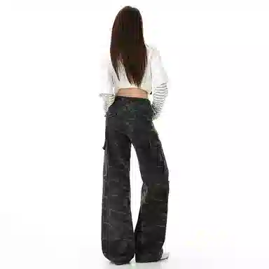 淑好百 复古迷彩多口袋休闲高腰牛仔裤 女款