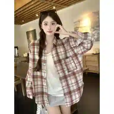 淑好百 复古格子女短袖衬衫 女款