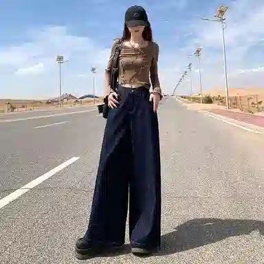 淑好百 美式复古宽松阔腿中腰牛仔裤 女款