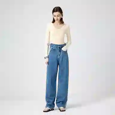 淑好百 拼接阔腿裤秋季高腰牛仔裤 女款