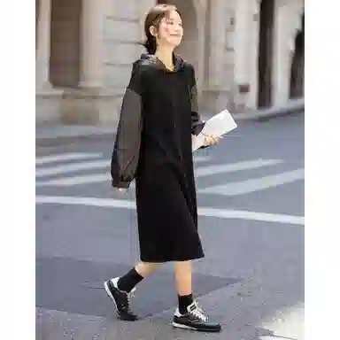 【dme】 云感棉混纺冬季慵懒都市连帽落肩拼接设计感宽松卫衣式休闲皮质袖子时尚简约舒适显瘦长袖连衣裙 女款