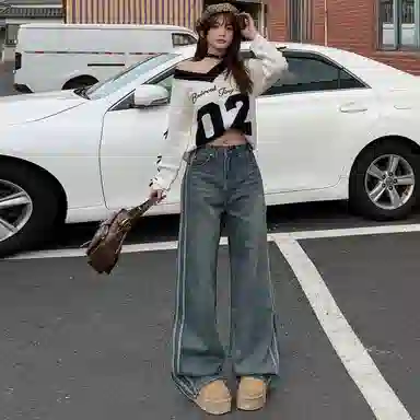 淑好百 复古高街侧条纹中低腰牛仔裤 女款