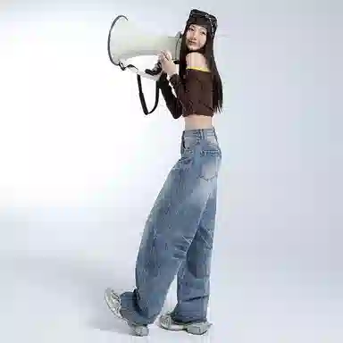 淑好百 复古宽松阔腿裤松弛风高腰牛仔裤 女款