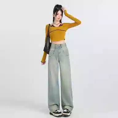 淑好百 复古阔腿口袋设计高腰牛仔裤 女款