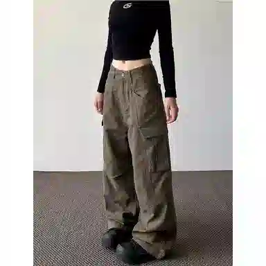 轻迎 美式复古大口袋休闲街头百搭宽松阔腿长裤工装裤 女款