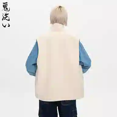 鬼洗 花纹刺绣羊羔绒牛仔纯色立领通勤马甲 女款