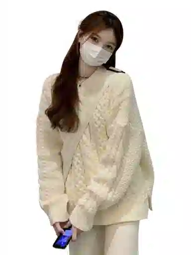 邦固依品 复古日系慵懒风女宽松外穿加厚保暖麻花打底衫女秋冬上衣针织衫 女款