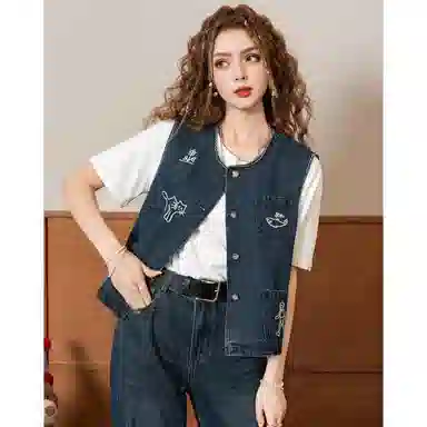 法文箱子 刺绣牛仔高级感马甲 女款