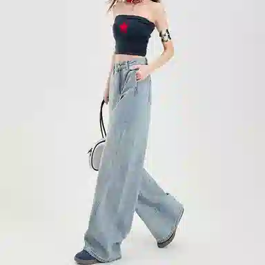 淑好百 宽松显瘦阔腿中腰牛仔裤 女款