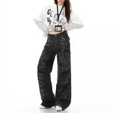 淑好百 复古迷彩多口袋休闲高腰牛仔裤 女款