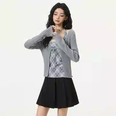 淑好百 针织格纹挂脖休闲套装 女款