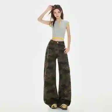 淑好百 迷彩阔腿春夏高腰牛仔裤 女款