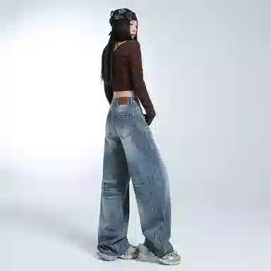 淑好百 复古宽松阔腿裤松弛风高腰牛仔裤 女款