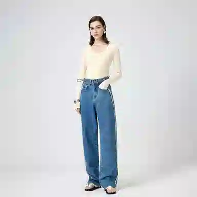 淑好百 拼接阔腿裤秋季高腰牛仔裤 女款