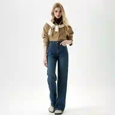 淑好百 宽松大直筒拖地高腰牛仔裤 女款