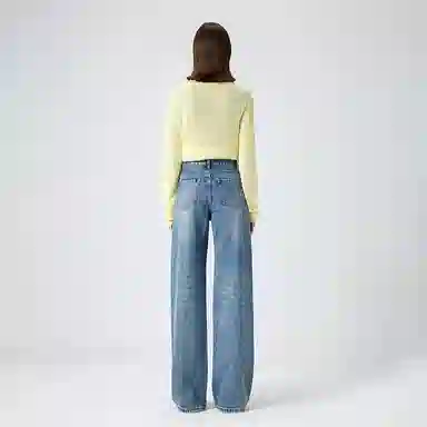 淑好百 纯棉抓纹阔腿休闲高腰牛仔裤 女款