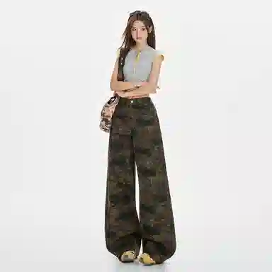 淑好百 迷彩阔腿春夏高腰牛仔裤 女款