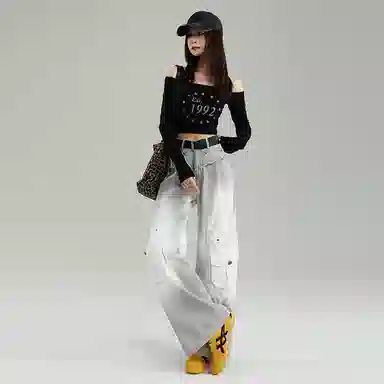 淑好百 宽松扎染设计感显瘦高腰牛仔裤 女款