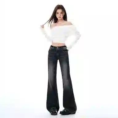 淑好百 修身显瘦拖地高腰牛仔裤 女款