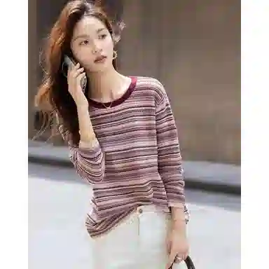 【dme】 含绵羊毛冬季复古圆领撞色条纹提花线衫宽松藏肉女上衣休闲舒适简约时尚百搭修身轻便透气针织衫 女款