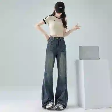 淑好百 高质量复古微喇中腰牛仔裤 女款