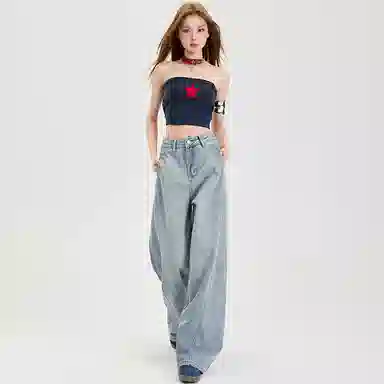 淑好百 宽松显瘦阔腿中腰牛仔裤 女款