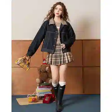 法文箱子 翻领格子拼接小个子牛仔外套 女款