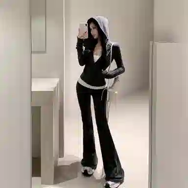 轻迎 极简连帽卫衣外套喇叭长裤慵懒感两件休闲套装 女款