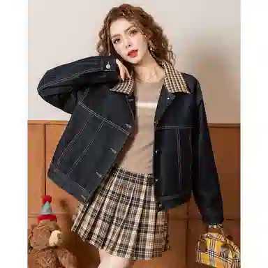 法文箱子 翻领格子拼接小个子牛仔外套 女款