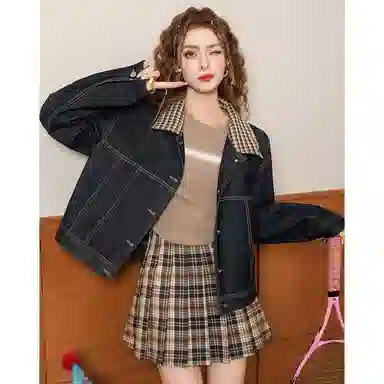 法文箱子 翻领格子拼接小个子牛仔外套 女款