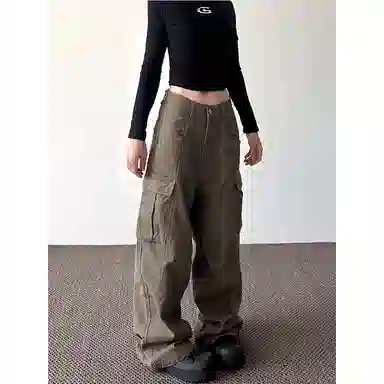 轻迎 美式复古大口袋休闲街头百搭宽松阔腿长裤工装裤 女款