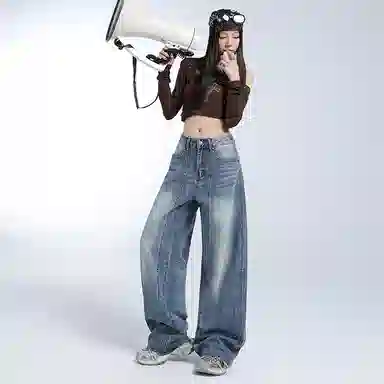 淑好百 复古宽松阔腿裤松弛风高腰牛仔裤 女款