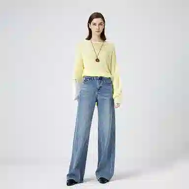 淑好百 纯棉抓纹阔腿休闲高腰牛仔裤 女款