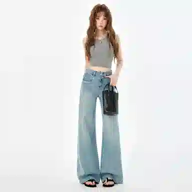 淑好百 高弹怀旧蓝喇叭裤休闲自然腰牛仔裤 女款