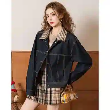 法文箱子 翻领格子拼接小个子牛仔外套 女款