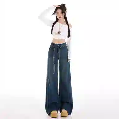 淑好百 弹力宽松阔腿休闲高腰牛仔裤 女款