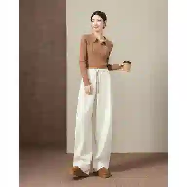 【dme】 醇厚保暖云绒呢冬季抽绳撞色松紧高腰弯刀裤直筒小个子腰舒适百搭纯色宽松潮流休闲裤 女款