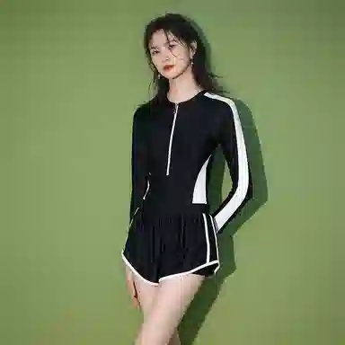 淑好百 保守长袖遮肚小清新风格连体泳装 女款