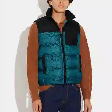 Coach Logo Print Colorblock Down Vest Black