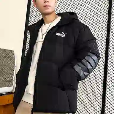 PUMA Letter Print Down Hoodie Jacket Black