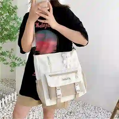 泰克森 大容量可爱高中生 尼龙 手拎书袋补习袋手提袋斜挎包 中号 男女同款情侣款 白色/米色/粉色/紫色/黑色