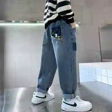 唐狮童装 复古水洗松紧腰宽松直筒休闲牛仔裤 儿童款 藏青色