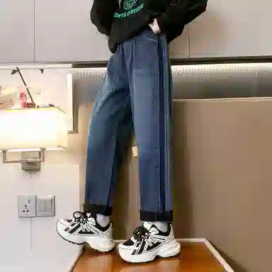 唐狮童装 美式水洗松紧腰直筒宽松休闲牛仔裤 儿童款 藏青色