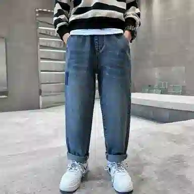 唐狮童装 复古水洗松紧腰宽松直筒休闲牛仔裤 儿童款 藏青色