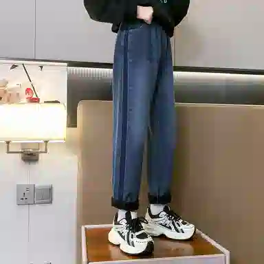 唐狮童装 美式水洗松紧腰直筒宽松休闲牛仔裤 儿童款 藏青色
