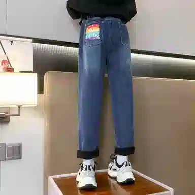 唐狮童装 美式水洗松紧腰直筒宽松休闲牛仔裤 儿童款 藏青色