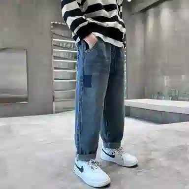 唐狮童装 复古水洗松紧腰宽松直筒休闲牛仔裤 儿童款 藏青色