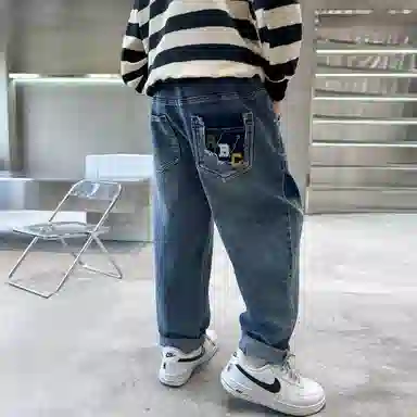 唐狮童装 复古水洗松紧腰宽松直筒休闲牛仔裤 儿童款 藏青色