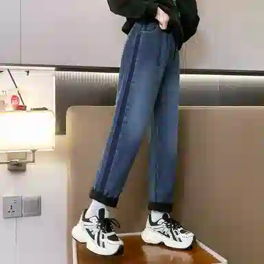 唐狮童装 美式水洗松紧腰直筒宽松休闲牛仔裤 儿童款 藏青色